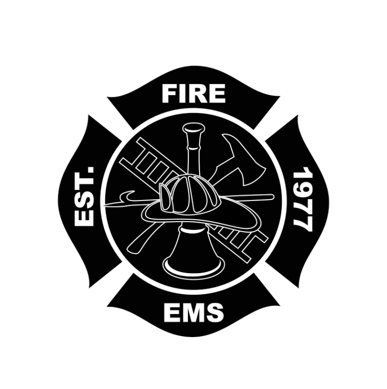 White logo of the Tri-County Fire Department with “EST. 1977” and “FIRE EMS” inside a firefighter emblem featuring a helmet, ladder, axe, and trumpet; “TRI-COUNTY FIRE DEPARTMENT” encircles the emblem.